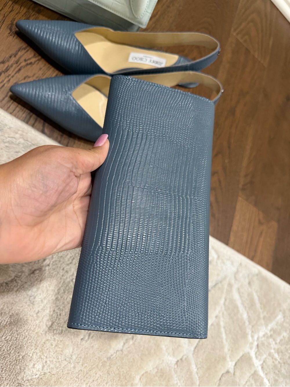 Jimmy Choo Slate Blue Lizard-Embossed Leather Card Holder